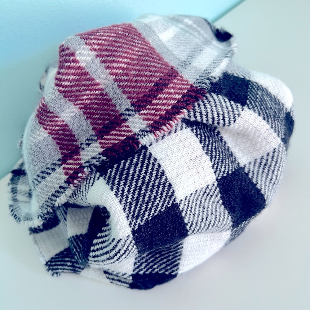 Double sided infinity scarf.  Black/white plaid & black/gray red